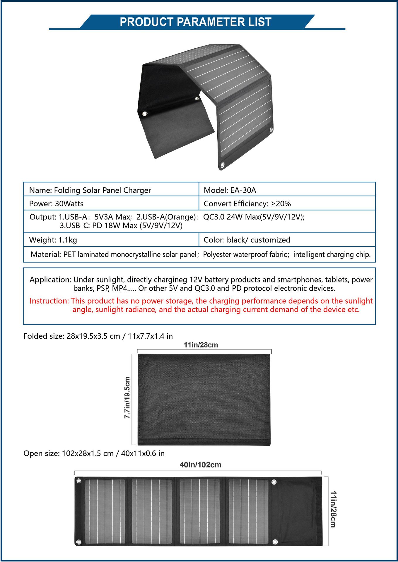 PaiduSolar Solar folding bag Solar folding panel outdoor portable 30W outdoor mobile power supply